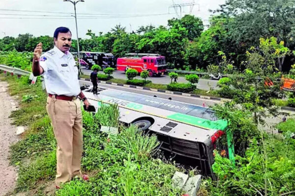 The NueGo bus involved in accident HYDERABAD: Just a day after a private bus fire charred to death several passengers in Andhra Pradesh’s Kurnool, another mishap involving a private bus was reported on the outskirts of Hyderabad Saturday afternoon. A NueGo electric bus going to Guntur in Andhra Pradesh from Telangana’s Miyapur, overturned near Pedda Amberpet toll plaza around 12.35pm, after the driver lost control of the vehicle while driving rashly, police said. The bus was carrying six passengers, two drivers, and a conductor at the time of the accident. The vehicle hit the median before overturning, leaving several occupants injured. Fortunately, there were no casualties, and no traffic disruption was reported in the area, police said. “All the victims suffered minor injuries, and they are out of danger,” Abdullapurmet inspector V Ashok Reddy said. Police have registered a case under sections 125(a) (for causing hurt by an act endangering human life), and 281 (rash driving on a public way) of BNS. An investigation is underway to determine the exact cause of the accident. Authorities have urged private transport operators to adhere to road safety regulations.End of ArticleFollow Us On Social MediaVideos‘You can call me Raja’: Indian-origin Congressman shocks racist Florida leader with responseMary Millben Lauds PM Modi’s Leadership, Says Rahul Gandhi ‘Not the Right Person to Lead India’Mary Millben Lauds PM Modi’s Resilience Amid Trump Tariff Challenge, Applauds His DiplomacyIGIA Terminal 2 Inaugurated by Civil Aviation Minister, Domestic Flights Resume From SundayIn Khagariya, Amit Shah Frames Bihar Poll As Choice Between NDA’s Five Pandavas And RJD’s Jungle RajTwo Australian Women Cricketers Stalked and Molested in Indore; Police Arrest Accused Amid OutrageBattle for Bihar: Anger, Jobs & Caste – Will Tejashwi Yadav Survive Raghopur’s Tough Questions?9/11 attacks: Ex-CIA officer claims Osama bin Laden escaped to Pakistan disguised as woman‘Bihar Got Not Even 1% of Gujarat’s Share’: Tejashwi Yadav Explodes at PM ModiBangladesh Political Crisis: Sheikh Hasina’s Son Sajeeb Wazed Urges Yunus For Inclusive Election123 Photostories  The Great US Return: Office Mandates vs. Remote Work Resistance10 beautiful sarees of Pooja Hegde which are perfect for Chhath Puja 2025Taarak Mehta Ka Ooltah Chashmah fame Nidhi Bhanushali aka former Sonu looks all grown up in desi wearFrom opening about his son Aaryamann’s depression to joking about wanting royalties from Kapil Sharma: Parmeet Sethi gets candid about his life with Archana Puran Singh5 foods that may help slow down or prevent premature graying of hair7 indoor-friendly cactus varieties to grow in your balcony gardenBill Gates’ 5 tips for happiness, which can be achieved with daily practice — And it is not moneyBollywood’s first Rs.100 crore movie didn’t star a Khan, Kapoor, or Bachchan, guess the film!Tula Japnar Ahe: Unmissable looks of reel couple Pratiksha Shiwankar and Neeraj Goswami5 best Bihari sarees to wear for Chhath Puja 2025123Hot PicksDhanteras Gold PriceVande Bharat SleeperBihar Election 2025Gold rate todaySilver rate todayPublic Holidays OctoberBank Holidays OctoberTop TrendingAndre AgassiLewis HamiltonKendrick PerkinsNBA Gambling ScandalBrad MarchandStephen Curry WifeJustin HerbertLeBron JamesAaron GordonEmman Atienza