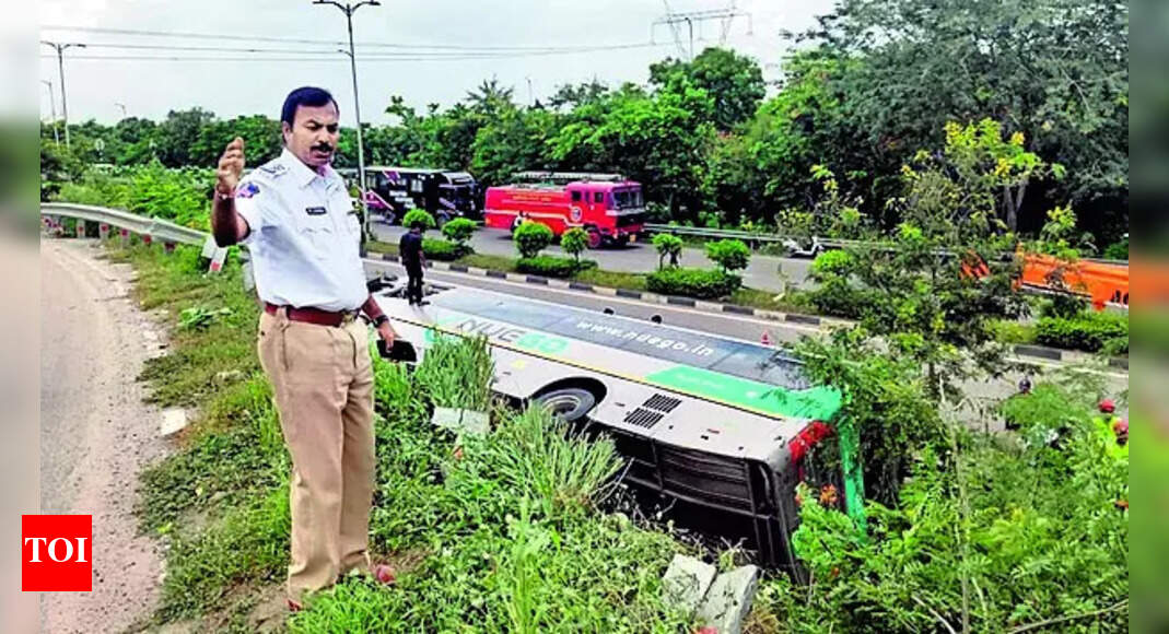 The NueGo bus involved in accident HYDERABAD: Just a day after a private bus fire charred to death several passengers in Andhra Pradesh’s Kurnool, another mishap involving a private bus was reported on the outskirts of Hyderabad Saturday afternoon. A NueGo electric bus going to Guntur in Andhra Pradesh from Telangana’s Miyapur, overturned near Pedda Amberpet toll plaza around 12.35pm, after the driver lost control of the vehicle while driving rashly, police said. The bus was carrying six passengers, two drivers, and a conductor at the time of the accident. The vehicle hit the median before overturning, leaving several occupants injured. Fortunately, there were no casualties, and no traffic disruption was reported in the area, police said. “All the victims suffered minor injuries, and they are out of danger,” Abdullapurmet inspector V Ashok Reddy said. Police have registered a case under sections 125(a) (for causing hurt by an act endangering human life), and 281 (rash driving on a public way) of BNS. An investigation is underway to determine the exact cause of the accident. Authorities have urged private transport operators to adhere to road safety regulations.End of ArticleFollow Us On Social MediaVideos‘You can call me Raja’: Indian-origin Congressman shocks racist Florida leader with responseMary Millben Lauds PM Modi’s Leadership, Says Rahul Gandhi ‘Not the Right Person to Lead India’Mary Millben Lauds PM Modi’s Resilience Amid Trump Tariff Challenge, Applauds His DiplomacyIGIA Terminal 2 Inaugurated by Civil Aviation Minister, Domestic Flights Resume From SundayIn Khagariya, Amit Shah Frames Bihar Poll As Choice Between NDA’s Five Pandavas And RJD’s Jungle RajTwo Australian Women Cricketers Stalked and Molested in Indore; Police Arrest Accused Amid OutrageBattle for Bihar: Anger, Jobs & Caste – Will Tejashwi Yadav Survive Raghopur’s Tough Questions?9/11 attacks: Ex-CIA officer claims Osama bin Laden escaped to Pakistan disguised as woman‘Bihar Got Not Even 1% of Gujarat’s Share’: Tejashwi Yadav Explodes at PM ModiBangladesh Political Crisis: Sheikh Hasina’s Son Sajeeb Wazed Urges Yunus For Inclusive Election123 Photostories  The Great US Return: Office Mandates vs. Remote Work Resistance10 beautiful sarees of Pooja Hegde which are perfect for Chhath Puja 2025Taarak Mehta Ka Ooltah Chashmah fame Nidhi Bhanushali aka former Sonu looks all grown up in desi wearFrom opening about his son Aaryamann’s depression to joking about wanting royalties from Kapil Sharma: Parmeet Sethi gets candid about his life with Archana Puran Singh5 foods that may help slow down or prevent premature graying of hair7 indoor-friendly cactus varieties to grow in your balcony gardenBill Gates’ 5 tips for happiness, which can be achieved with daily practice — And it is not moneyBollywood’s first Rs.100 crore movie didn’t star a Khan, Kapoor, or Bachchan, guess the film!Tula Japnar Ahe: Unmissable looks of reel couple Pratiksha Shiwankar and Neeraj Goswami5 best Bihari sarees to wear for Chhath Puja 2025123Hot PicksDhanteras Gold PriceVande Bharat SleeperBihar Election 2025Gold rate todaySilver rate todayPublic Holidays OctoberBank Holidays OctoberTop TrendingAndre AgassiLewis HamiltonKendrick PerkinsNBA Gambling ScandalBrad MarchandStephen Curry WifeJustin HerbertLeBron JamesAaron GordonEmman Atienza