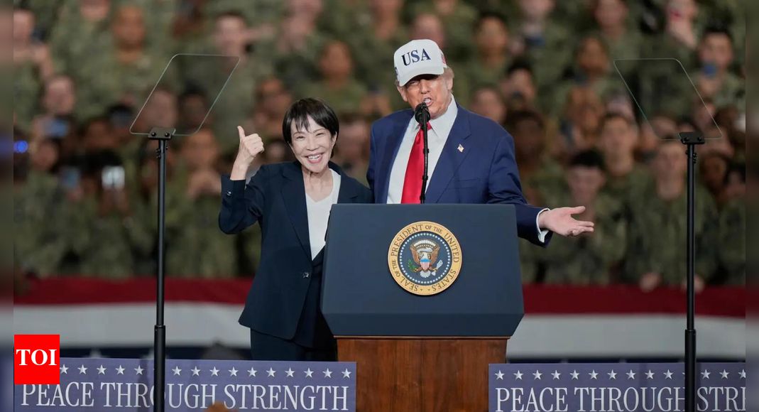 Watch: Japan’s PM Sanae Takaichi jumps in excitement on stage as Trump introduces her in Tokyo