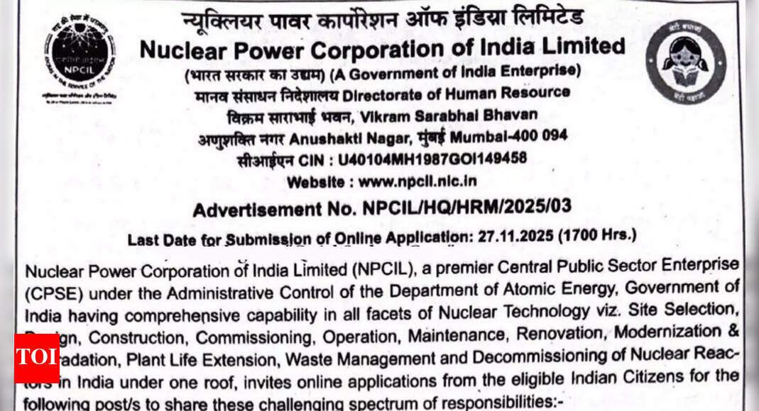NPCIL recruitment 2025: Notification out for deputy manager and JHT posts at npcilcareers.co.in; application from Nov 7