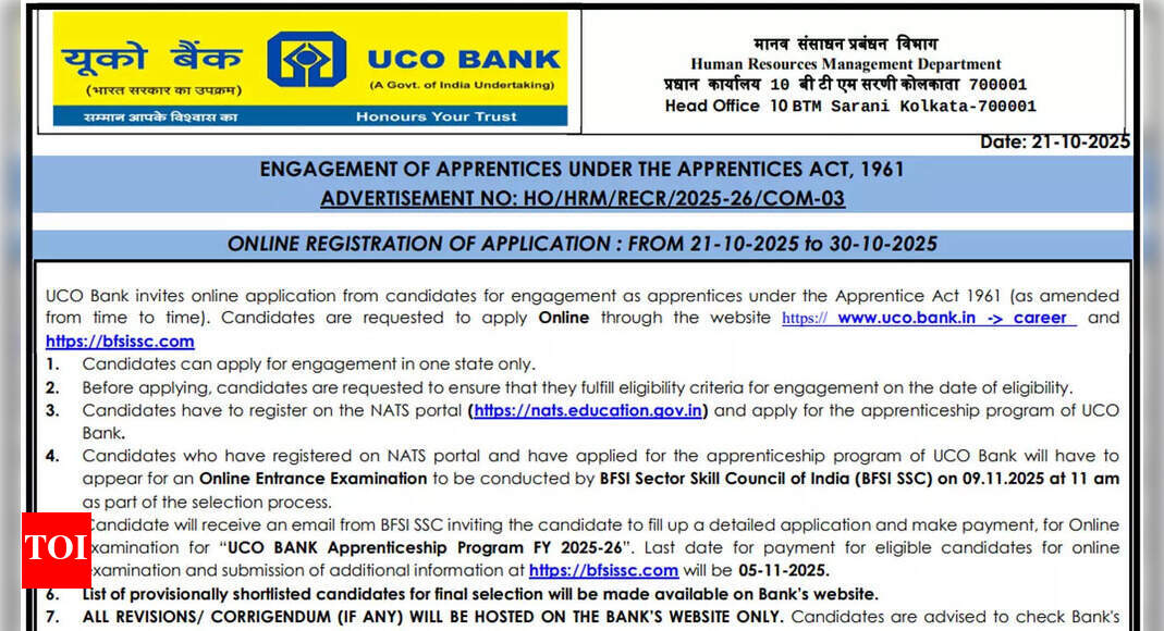 UCO Bank apprentice recruitment 2025: Last date today to apply for 532 posts at uco.bank.in