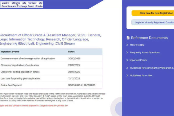 SEBI Grade A 2025 registration begins for Assistant Manager posts; apply online before November 28