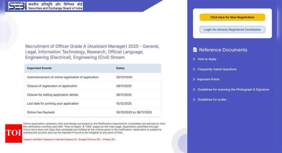 SEBI Grade A 2025 registration begins for Assistant Manager posts; apply online before November 28