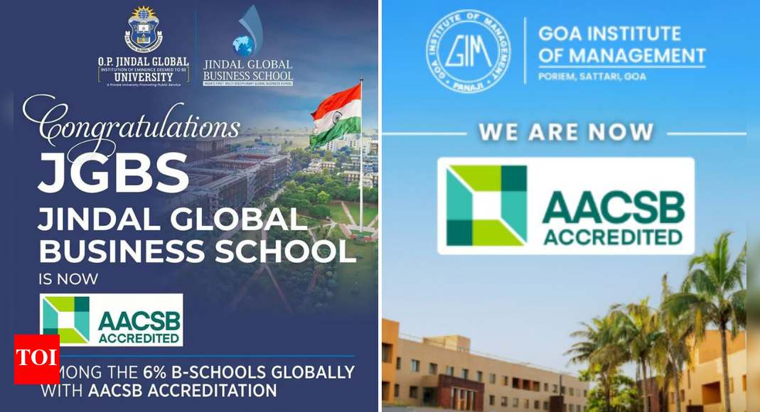 JGBS (ANI Photo), Goa Institute of Management (Source: X) NEW DELHI: Two Indian business schools — Jindal Global Business School (JGBS) of OP Jindal Global University and Goa Institute of Management (GIM) — have received the AACSB International (Association to Advance Collegiate Schools of Business) accreditation, joining the top six percent of business schools worldwide.The AACSB accreditation evaluates institutions on parameters such as quality of teaching, research, societal contribution, and student learning outcomes through a multi-year peer-reviewed process. Only a small group of business schools in India have achieved this recognition, which aligns their standards with those of globally benchmarked management institutions.Professor C Raj Kumar, founding vice chancellor of OP Jindal Global University, said that it “sends a clear message that Indian universities can match international benchmarks.” At GIM, director professor Ajit Parulekar said the accreditation reflects the institute’s focus on “academic quality, research, and close engagement with the business community.”Established in 1916, AACSB International represents over 2,000 institutional members in more than 100 countries. With the inclusion of JGBS and GIM, India’s management education landscape now features a growing number of institutions aligning with international standards in governance, curriculum, and outcomes.End of ArticleFollow Us On Social MediaVideosDelhi Police Alleges 2020 Riots Were Timed With Trump Visit And Aimed To Spark Pan India Unrest‘Pak Is Infuriated With…’: MEA Slams Pakistan Over Border Tensions With AfghanistanBengaluru Road Rage Horror: Delivery Boy Chased, Crushed To Death By Martial Arts Trainer CoupleHostage Drama At Powai Studio: Mumbai Police Rescues 17 Kidnapped Children, Accused Killed’No Tolerance For Terror Or Its Sponsors’: Cyprus Echoes India’s Stand, Backs PM Modi’s DoctrineIndia’s Iran Gambit Pays Off: US Grants India Sanctions Waiver on Chabahar Port For Six More MonthsIndian-origin Woman Confronts JD Vance On Wife Usha’s Faith And Trump’s Immigration CrackdownPM Modi Targets RJD-Congress Over Rahul Gandhi’s Chhath ‘Nautanki’ Remark, Calls Out Jungle RajVindicated But Not Free: Indian-American Man’s 43-Year Nightmare Continues, Faces DeportationIndian Workers Face New Challenge as US Tightens Work Visa Rules Amid Crackdown on H-1B Abuse123 Photostories  Why checking SNF percentage in milk packets is extremely important, and what does low SNF mean?Bollywood’s hidden family tree: Surprising celebrity connections you didn’t know aboutFrom small-town creator to owning a Rs 4.5 crore luxurious car: A look at Bigg Boss 19 contestant Mridul Tiwari’s lifestyle, net worth and more5 stunning earrings from Deepika Padukone’s jewellery collection to elevate your wedding look7 unique Indian baby boy names inspired by ‘colors of life’How to reverse pre-diabetes in 21-days: Metabolic doctor shares complete planEarly-onset of colon cancer is rising in young adults: 5 things to know5 worst blood pressure medications and why it is important to check the presence of these in your BP medicineApple versus Avocado: Which is healthier for breakfastHow to grow colourful bougainvillea for balcony garden: 3 tips for healthy flowering123Hot PicksCyclone MonthaBank Holiday TodayBihar Election 2025Gold rate todaySilver rate todayPublic Holidays NovemberBank Holidays NovemberTop TrendingKaelin Bradshaw Cause of DeathPrince HarryAnthony DavisJimmy TataRonda Rousey and Travis Net WorthH1B BanKash PatelNick MangoldLos Angeles Lakers vs Minnesota TimberwolvesConnor McDavid Wife