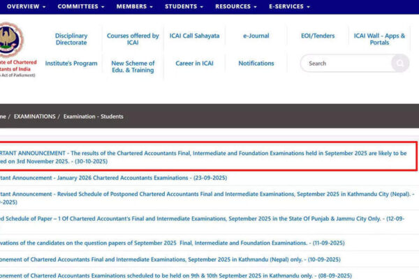 ICAI CA Exam Results 2025: September session scores to be declared on 3 November; check offical notice here