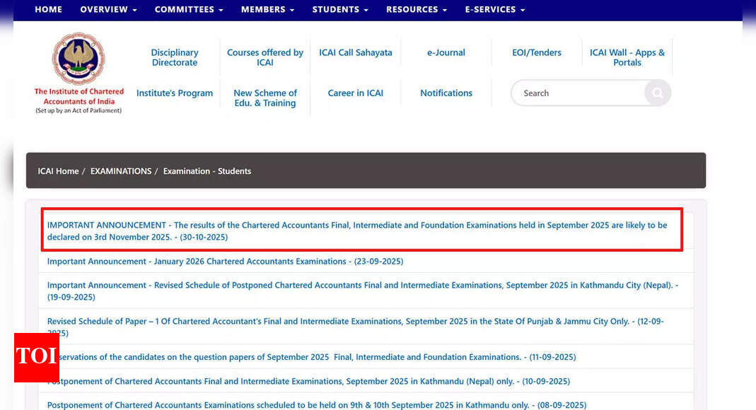 ICAI CA Exam Results 2025: September session scores to be declared on 3 November; check offical notice here
