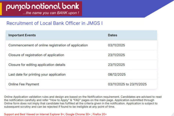 PNB LBO recruitment 2025: Apply for 750 officer posts before 23 November; check direct link here