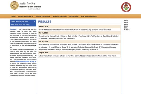 RBI Grade B result 2025 released at rbi.org.in: Check direct link to download Phase 1 PDF here