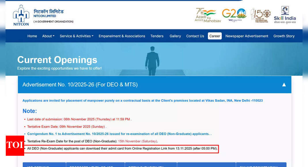 Delhi DDA Nitcon MTS & DEO admit card 2025 today at dda.register.ind.in; here’s how to download