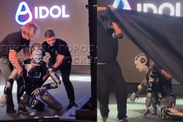 ‘Runs on Vodka’: Russia’s first AI robot stumbles and falls moments after taking its first steps |