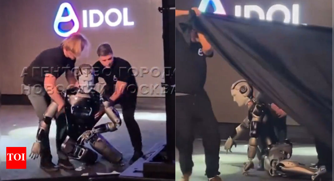 ‘Runs on Vodka’: Russia’s first AI robot stumbles and falls moments after taking its first steps |