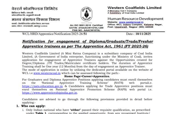 Western Coalfields recruitment notification 2025 released at westerncoal.in: Check key details for over 1,000 vacancies