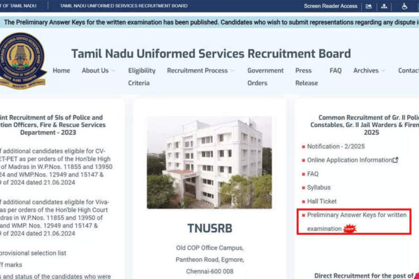 TNUSRB answer key 2025 out for police constables, jail warders and firemen, objection till Nov 23; download here