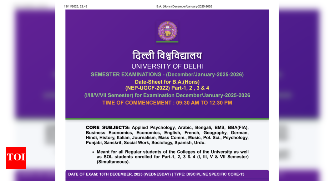 DU releases BA Honours date sheet 2025 for Regular, SOL students: Check odd-semester exam schedule here