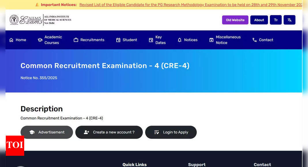 AIIMS CRE 2025 recruitment begins for over 1,300 vacancies at aiimsexams.ac.in; apply here