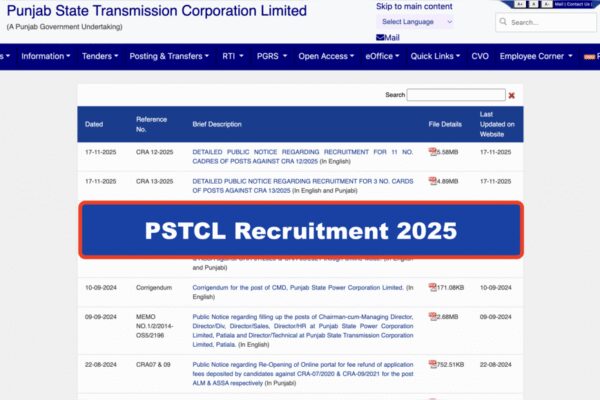 PSTCL recruitment 2025: Notification released for 609 vacancies, registration open at pstcl.org; direct link here