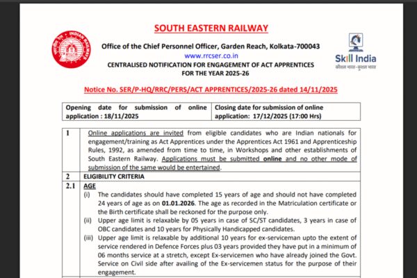 South Eastern Railway registration window opens tomorrow for 1,785 apprentice seats: Check details here