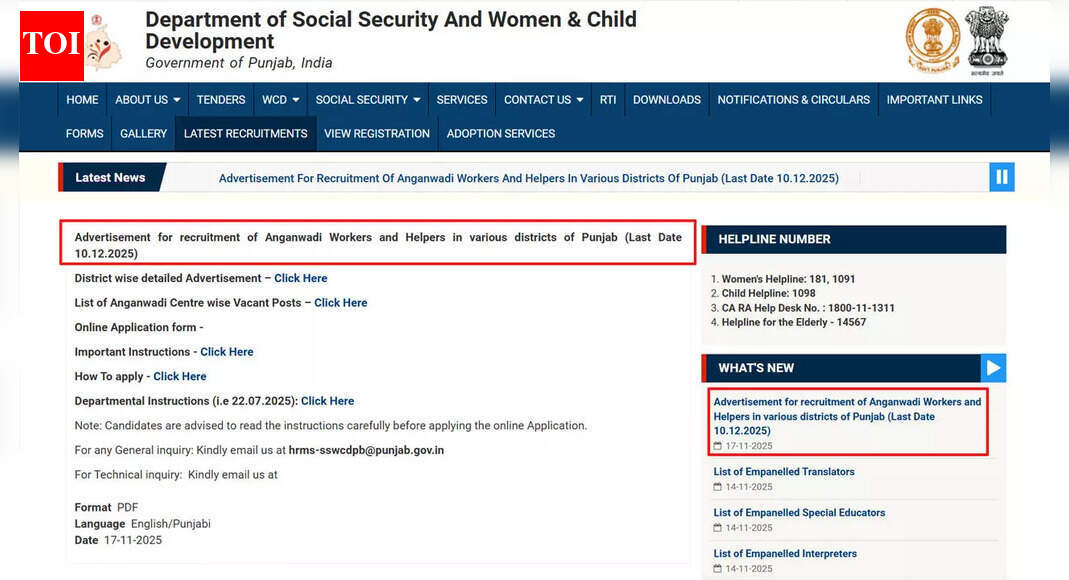 Punjab Anganwadi recruitment 2025: Apply online for 6110 AWW and AWH vacancies sswcd.punjab.gov.in