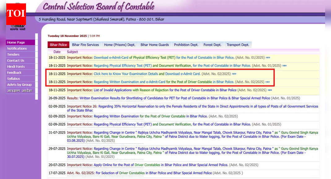 CSBC Bihar Police Driver exam on 10 Dec; admit card on this date, check official notice here