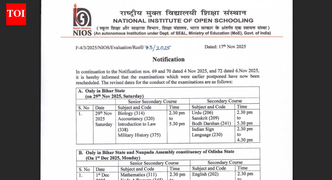NIOS exam schedule 2025 for secondary and senior secondary courses revised: Check important dates here