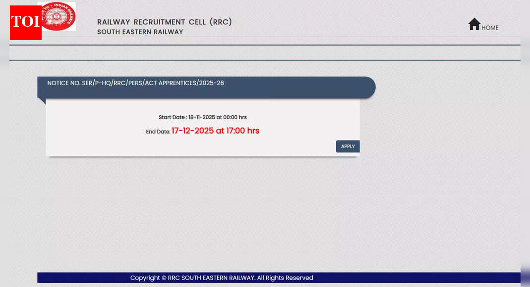 RRC SER apprentice recruitment 2025 notification out for 1785 posts, apply online at rrcser.co.in