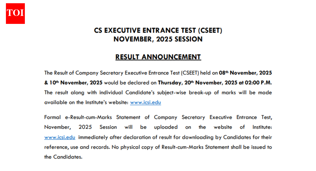 ICSI CSEET November 2025 result to be released tomorrow at icsi.edu.in: Check steps to download and other details here