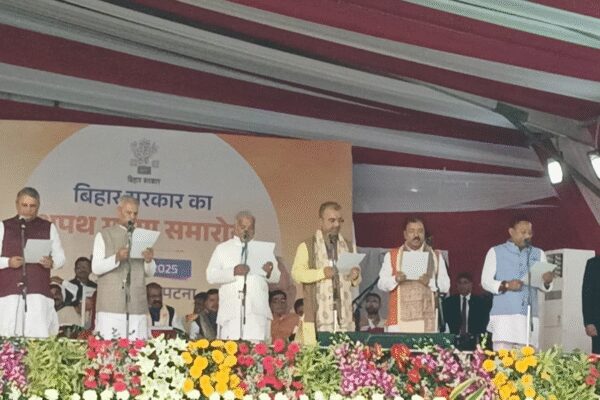 At a vibrant ceremony, Nitish Kumar was officially sworn in as Chief Minister of Bihar for the 10th occasion, with Prime Minister Narendra Modi in attendance to witness the momentous occasion. This inauguration heralds the establishment of a new NDA government following their sweeping success in the 2025 Assembly elections. File photo  NEW DELHI: JD(U) chief Nitish Kumar on Thursday took oath as the chief minister of Bihar for the 10th time at a grand ceremony held at Patna’s historic Gandhi Maidan.”I congratulate my father for taking the oath as the CM the 10th time. The public gave us more than expected. I thank and also congratulate the public,” Kumar said while taking oath. The swearing-in ceremony was attended by Prime Minister Narendra Modi, home minister Amit Shah, BJP president JP Nadda and several chief ministers from the ruling alliance marks the formation of the new NDA government following its landslide victory in the 2025 Assembly elections.Along with Nitish Kumar, 19 other ministers from NDA partners were also sworn in. The oath of office and secrecy to ministers was administered by Governor Arif Mohammed Khan.Samrat Chaudhary from BJP Vijay Kumar Sinha from BJP Vijay Kumar Chaudhary from JD(U) Bijendra Prasad Yadav from JD(U) Mangal Pandey from BJP Shrowan Kumar from JD(U) Lesi Singh from JD(U)Madan Sahni from JD(U)  Sunil Kumar from JD(U) Ram Kripal Yadav from BJPSantosh Suman from HAM Nitin Nabin from BJP Ashok Chowdhary from JD(U)Dilip Jaiswal from BJP Sanjay Singh Tiger from BJPRama Nishad from BJP Arun Shankar Prasad from BJP Surendra Prasad from BJP Mohammed Jama Khan from JD(U) Nitish Kumar had resigned on Wednesday before staking claim to form a fresh government with NDA support. He was elected as the leader of both the JD(U) Legislature Party and the NDA Legislature Party during meetings with newly elected MLAs.BJP’s Samrat Choudhary and Vijay Kumar Sinha have been chosen as the leader and deputy leader of the BJP Legislature Party and are expected to continue in deputy CM roles.This is the fourth time Gandhi Maidan has hosted Nitish Kumar’s oath-taking ceremony, a venue closely associated with major political events in the state’s history. Elaborate security arrangements were made at the event, where lakhs of supporters gathered.The NDA swept 202 of the 243 seats in the state polls, securing a three-fourths majority. The election was seen as a crucial test for the 74-year-old Kumar who has remained central to Bihar’s politics for two decades. He first became chief minister in 2005 and has held the position continuously except for a brief nine-month period in 2014-15.The elections, held on November 6 and 11, saw a record voter turnout of 67.13%, with women voters surpassing men in participation. The results were announced on 14 November.About the AuthorTOI News DeskThe TOI News Desk comprises a dedicated and tireless team of journalists who operate around the clock to deliver the most current and comprehensive news and updates to the readers of The Times of India worldwide. With an unwavering commitment to excellence in journalism, our team is at the forefront of gathering, verifying, and presenting breaking news, in-depth analysis, and insightful reports on a wide range of topics. The TOI News Desk is your trusted source for staying informed and connected to the ever-evolving global landscape, ensuring that our readers are equipped with the latest developments that matter most.”Read MoreEnd of ArticleFollow Us On Social MediaVideosUS Approves Major Arms Deal For India With Javelins And Excalibur To Counter Regional Threats”We Are Done…” Trump Recalls Critical Modi Call That Averted India-Pakistan Nuclear ClashNitish Kumar To Take CM Oath For Record 10th Time At Patna’s Gandhi Maidan, PM Modi To AttendBangladesh To Seek Interpol’s Help To Extradite Sheikh Hasina From India’Fatwa Issued…’: BJP Jabs ‘Indira Nazi Congress’ For Criticising Tharoor Over Modi Speech PraiseRussia Showcases Missile-Only Pantsir SMD-E Air Defence System At Dubai Airshow 2025’We Hit India…’: Pakistani Leader’s Explosive Admission Unmasks Islamabad’s Terror Links Again’Can’t Rule Out All-Out War’: Pakistan’s Khawaja Asif Rattled Over Army Chief’s Sindoor 2.0 WarningSydney Horror Crash Kills 8-Month Pregnant Indian After Teen BMW Driver Slams Into Family WalkIndia Expands Its Diplomatic Presence In Russia As Jaishankar Highlights Strategic New Consulates123Photostories5 things parents do that teenagers hateRevisiting Ranveer Singh’s most iconic street style and standout fashion moments5 things every parent should tell their child when they face body shaming6 Buddhist techniques to stop overthinking10 life lessons from Lord Hanuman every kid should knowVitamin B12: Signs your body is running low (and why most people don’t notice them)Morning mantras for children for a sharp mind and gentle heart10 life changes that happen when you begin a spiritual journey (that no one talks about)Aishwarya Rai Bachchan’s top 5 important parenting lessons for today’s generationKriti Sanon can’t stop wearing sarees, and each look is more iconic than the last123Hot PicksDelhi AQI TodaySheikh Hasina VerdictBihar Government FormationGold rate todaySilver rate todayPublic Holidays NovemberBank Holidays NovemberTop TrendingTrevon DiggsTom BradyMLB SignsDraymond GreenCanara Bank Manager RobberyFortnite DownTop Stock RecommendationsGold Silver Price PredictionStefon DiggsBaker Mayfield Wife