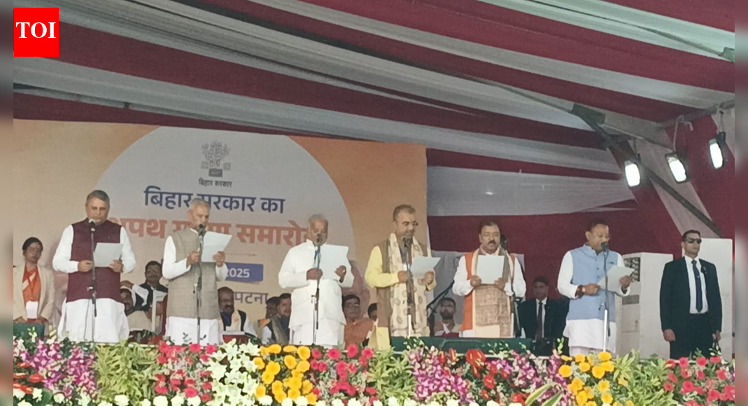 At a vibrant ceremony, Nitish Kumar was officially sworn in as Chief Minister of Bihar for the 10th occasion, with Prime Minister Narendra Modi in attendance to witness the momentous occasion. This inauguration heralds the establishment of a new NDA government following their sweeping success in the 2025 Assembly elections. File photo  NEW DELHI: JD(U) chief Nitish Kumar on Thursday took oath as the chief minister of Bihar for the 10th time at a grand ceremony held at Patna’s historic Gandhi Maidan.”I congratulate my father for taking the oath as the CM the 10th time. The public gave us more than expected. I thank and also congratulate the public,” Kumar said while taking oath. The swearing-in ceremony was attended by Prime Minister Narendra Modi, home minister Amit Shah, BJP president JP Nadda and several chief ministers from the ruling alliance marks the formation of the new NDA government following its landslide victory in the 2025 Assembly elections.Along with Nitish Kumar, 19 other ministers from NDA partners were also sworn in. The oath of office and secrecy to ministers was administered by Governor Arif Mohammed Khan.Samrat Chaudhary from BJP Vijay Kumar Sinha from BJP Vijay Kumar Chaudhary from JD(U) Bijendra Prasad Yadav from JD(U) Mangal Pandey from BJP Shrowan Kumar from JD(U) Lesi Singh from JD(U)Madan Sahni from JD(U)  Sunil Kumar from JD(U) Ram Kripal Yadav from BJPSantosh Suman from HAM Nitin Nabin from BJP Ashok Chowdhary from JD(U)Dilip Jaiswal from BJP Sanjay Singh Tiger from BJPRama Nishad from BJP Arun Shankar Prasad from BJP Surendra Prasad from BJP Mohammed Jama Khan from JD(U) Nitish Kumar had resigned on Wednesday before staking claim to form a fresh government with NDA support. He was elected as the leader of both the JD(U) Legislature Party and the NDA Legislature Party during meetings with newly elected MLAs.BJP’s Samrat Choudhary and Vijay Kumar Sinha have been chosen as the leader and deputy leader of the BJP Legislature Party and are expected to continue in deputy CM roles.This is the fourth time Gandhi Maidan has hosted Nitish Kumar’s oath-taking ceremony, a venue closely associated with major political events in the state’s history. Elaborate security arrangements were made at the event, where lakhs of supporters gathered.The NDA swept 202 of the 243 seats in the state polls, securing a three-fourths majority. The election was seen as a crucial test for the 74-year-old Kumar who has remained central to Bihar’s politics for two decades. He first became chief minister in 2005 and has held the position continuously except for a brief nine-month period in 2014-15.The elections, held on November 6 and 11, saw a record voter turnout of 67.13%, with women voters surpassing men in participation. The results were announced on 14 November.About the AuthorTOI News DeskThe TOI News Desk comprises a dedicated and tireless team of journalists who operate around the clock to deliver the most current and comprehensive news and updates to the readers of The Times of India worldwide. With an unwavering commitment to excellence in journalism, our team is at the forefront of gathering, verifying, and presenting breaking news, in-depth analysis, and insightful reports on a wide range of topics. The TOI News Desk is your trusted source for staying informed and connected to the ever-evolving global landscape, ensuring that our readers are equipped with the latest developments that matter most.”Read MoreEnd of ArticleFollow Us On Social MediaVideosUS Approves Major Arms Deal For India With Javelins And Excalibur To Counter Regional Threats”We Are Done…” Trump Recalls Critical Modi Call That Averted India-Pakistan Nuclear ClashNitish Kumar To Take CM Oath For Record 10th Time At Patna’s Gandhi Maidan, PM Modi To AttendBangladesh To Seek Interpol’s Help To Extradite Sheikh Hasina From India’Fatwa Issued…’: BJP Jabs ‘Indira Nazi Congress’ For Criticising Tharoor Over Modi Speech PraiseRussia Showcases Missile-Only Pantsir SMD-E Air Defence System At Dubai Airshow 2025’We Hit India…’: Pakistani Leader’s Explosive Admission Unmasks Islamabad’s Terror Links Again’Can’t Rule Out All-Out War’: Pakistan’s Khawaja Asif Rattled Over Army Chief’s Sindoor 2.0 WarningSydney Horror Crash Kills 8-Month Pregnant Indian After Teen BMW Driver Slams Into Family WalkIndia Expands Its Diplomatic Presence In Russia As Jaishankar Highlights Strategic New Consulates123Photostories5 things parents do that teenagers hateRevisiting Ranveer Singh’s most iconic street style and standout fashion moments5 things every parent should tell their child when they face body shaming6 Buddhist techniques to stop overthinking10 life lessons from Lord Hanuman every kid should knowVitamin B12: Signs your body is running low (and why most people don’t notice them)Morning mantras for children for a sharp mind and gentle heart10 life changes that happen when you begin a spiritual journey (that no one talks about)Aishwarya Rai Bachchan’s top 5 important parenting lessons for today’s generationKriti Sanon can’t stop wearing sarees, and each look is more iconic than the last123Hot PicksDelhi AQI TodaySheikh Hasina VerdictBihar Government FormationGold rate todaySilver rate todayPublic Holidays NovemberBank Holidays NovemberTop TrendingTrevon DiggsTom BradyMLB SignsDraymond GreenCanara Bank Manager RobberyFortnite DownTop Stock RecommendationsGold Silver Price PredictionStefon DiggsBaker Mayfield Wife