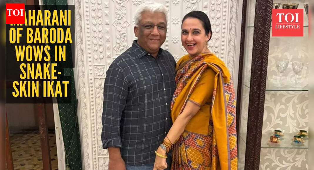 ‘Maharani of Baroda’ Radhikaraje Gaekwad marks 24 years of royal romance in a stunning snake-inspired ikat saree