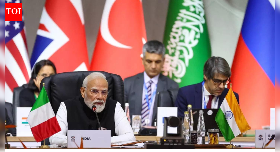 PM Modi at G20 In his address at the G20 summit in Johannesburg on Saturday, PM Narendra Modi pitched for sustainable and inclusive growth and made four proposals, including a coordinated global effort to combat the drug-terror nexus, calling drug trafficking a threat to public health, stability and security and a source of terror financing.He pushed for reconsidering the parameters of growth, saying the existing framework has left a vast section of the population deprived of resources and led to overexploitation of nature.Modi, who was instrumental in getting the African Union as a permanent member of G20 at the New Delhi meet of the grouping two years ago, emphasised the continent has suffered the most because of skewed growth priorities. “Today, as Africa hosts G20 Summit for the first time, it is imperative for us to reconsider the parameters of development.”The PM mentioned “integral humanism”, an idea associated with BJP’s ideologue Deen Dayal Upadhyay, as a path forward. “We will have to look at the individual, society and nature as an integrated whole. Only then can we achieve true harmony between progress and nature,” he said.He proposed creation of a global traditional knowledge repository built on Indian knowledge systems’ initiative, saying this can preserve the collective wisdom of humanity for future generationsBatting for a global healthcare response team to bring together experts from G20 countries, he said it will ensure swift measures in case of health emergencies and natural disasters.The speech was marked by an unabashed advocacy of what Modi called India’s civilisational ethos. India’s civilisational values, he said, can offer ways to reevaluate development parameters.Focusing on Africa, PM said the continent can benefit from skills transfer. He said Africa’s development and empowerment of its young talent are in the interests of the entire world and proposed a ‘G20-Africa Skills Multiplier Initiative’. This can operate under a “train-the-trainers” model across various sectors, and all G20 partners can finance and support this effort, he added.“Our collective goal will be to prepare one million certified trainers in Africa over the next decade. These trainers will, in turn, help equip millions of young people with skills. This initiative will have a powerful multiplier effect. It will strengthen local capacity and significantly contribute to Africa’s long-term development.”PM Modi lauds South Africa’s presidencyTurning his attention to drug trafficking, PM Modi singled out the “rapid spread of highly lethal substances like fentanyl”. “This has emerged as a serious challenge to public health, social stability and global security. It also serves as a significant channel for financing terrorism,” he said.A G20 initiative to counter this global threat can bring together various instruments relating to finance, governance and security. Only then can the drug-terror economy be effectively weakened, he said. Modi lauded South Africa’s presidency for making commendable progress on key areas such as skilled migration, tourism, food security, AI, digital economy, innovation and women’s empowerment, noting that historic initiatives undertaken at the New Delhi G20 Summit have been carried forwardPM Modi on Saturday also proposed a G20 Critical Minerals Circularity Initiative, saying that for global growth, sustainability and clean energy are essential, and critical minerals have a huge role to play.“Under this, innovations such as re-cycling, urban mining and second-life batteries can be promoted,” said PM Modi. This comes amid concerns China is leveraging its chokehold over supply of rare and critical minerals to further its strategic goals.“If there is investment in circularity, then dependence on primary mining will be less. This will also reduce the pressure on the supply chain, and it will also be good for nature. This initiative can support joint research, technology standards and pilot recycling facilities in the Global South,” PM Modi said.Resilience cannot be built in silos, stressed the PM. “The G20 should promote comprehensive strategies that combine nutrition, public health, sustainable agriculture, and disaster preparedness, to create a robust global defence,” he said.PM Modi suggested a G20 open satellite data partnership saying India believes that the entire humanity should benefit from space technology. “This will make satellite data and analysis of space agencies of G20 countries more accessible, interoperable and usable for countries in the Global South,” he said.End of ArticleFollow Us On Social MediaVideosTrump Says He Brokered Eight Peace Deals Including India And Pakistan During Mamdani MeetUP Gears Up For Biggest Crackdown Yet As CM Yogi Mandates Detention Hubs For Illegal ImmigrantsModi, Meloni Share Warm Laughter on G20 Sidelines in Johannesburg‘In memory of our brothers’: Russian Pilot’s Heartfelt Note For Indian Tejas Pilot After Dubai Crash’Objective Is To Destroy The Enemy’: Op Sindoor Echoes As Indian Army Vows Stronger Response to PakIndian Army Chief Reveals How A Trusted Orchestra Crushed Nine Targets in Operation Sindoor BlitzManipur Sangai Festival 2025- ThemeAt G20 Summit, PM Modi Proposes Global Knowledge, Skills, Health And Security Initiatives For FutureSangai Festival 2025 Opening CeremonyEx-VP Jagdeep Dhankhar Breaks Silence, Calls Out Narrative Traps With Cryptic Reference To His Past123PhotostoriesFrom Bengal to B-town, actors who found fame in Hindi filmsLaughter Chefs 3: From new jodis of Vivian Dsena-Eisha Singh, Gurmeet-Debina to Tejasswi Prakash-Karan Kundrra teaming up together: Highlights from the new season3 Ayurveda-approved fruit rules to boost digestionFrom Harman Sidhu to Danish Zehen: Indian celebrities who died in tragic road accidents7 high-protein breakfast shakes with 20g per glassMillion-dollar executives: Meet top 5 highest-paid CXOs in India FY259 behaviours that slowly destroy relationships over timeTop 4 home remedies to reduce bloating and boost digestion naturallyKartik Aaryan to Sara Tendulkar: 5 best celebrity looks of the daySilent signs of bullying every parent should pay attention to123Hot PicksDelhi AQI TodayBihar Minister List 2025Bihar CM Oath CeremonyGold rate todaySilver rate todayPublic Holidays NovemberBank Holidays NovemberTop TrendingFantasy Football Injury ReportSavannah JamesBrittany MahomesTaylor SwiftTravis KelceChris Blake GriffithJosh Allen InjuryCharvarius WardFortnite Chapter 7 LeakedCade Cunningham