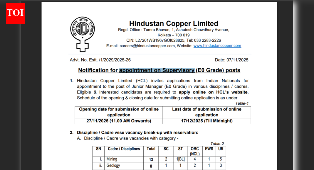 HCL releases notification for appointment on Supervisory posts: Check details here