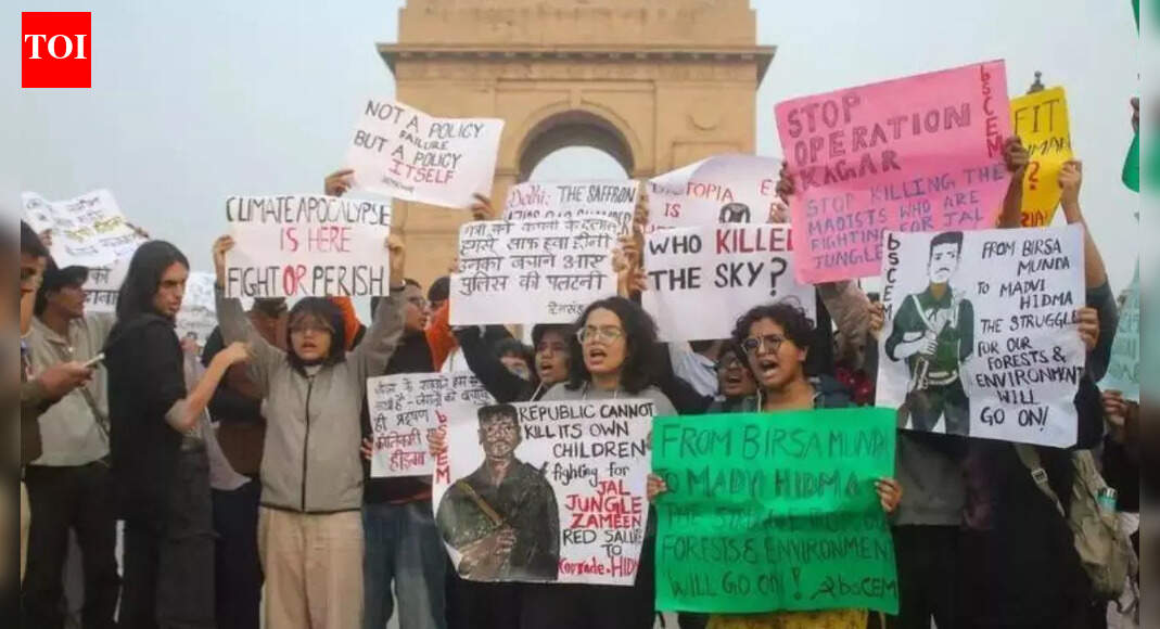 Delhi Police has booked protestors at India Gate under Section 197 of the Bharatiya Nyaya Sanhita for allegedly raising slogans in support of a slain Maoist commander. The FIR also includes charges of assaulting police personnel with pepper spray. Five students were remanded to judicial custody, with their lawyers alleging custodial torture and police brutality. Photo: ANI NEW DELHI: Delhi Police has added Section 197 of the Bharatiya Nyaya Sanhita in the FIR against protestors who were raising slogans at India Gate in support of dreaded Maoist commander Madvi Hidma, recently eliminated by security forces in Andhra Pradesh.Section 197 of the Bharatiya Nyaya Sanhita penalises making or publishing statements that target any religious, regional, caste, language or communal group in a way that harms national integration or spreads false information threatening India’s sovereignty, with punishment of up to three years or fine or both. In aggravated cases committed in a place of worship, punishment may extend to five years along with a fine”The protesters were holding posters of Maoist commander Madvi Hidma (who was recently killed in the encounter). When they tried to block the road, the police tried to remove them, but they sprayed pepper spray on the police personnel and tried to attack them. The police are now taking legal action against them,” Delhi Police told news agency ANI.Delhi Police on Monday also told a Delhi court that five protesters arrested for allegedly using pepper spray on police personnel during a pollution-related demonstration at India Gate were also heard raising slogans hailing Hidma.According to police, the first FIR registered at Kartavya Path Police Station invoked multiple provisions of the Bharatiya Nyaya Sanhita, including assault or criminal force to a woman with intent to outrage her modesty, voluntarily causing hurt, contempt of lawful authority of public servants and disobedience to lawful orders. Five persons were arrested under this case.A second FIR, filed at Parliament Street Police Station, was registered against 17 individuals under sections relating to disobedience to orders of a public servant, obstructing public servants, and wrongful restraint.Judicial Magistrate Aridaman Singh Cheema remanded the five students to two-day judicial custody.During the hearing, the defence alleged custodial torture, claiming at least three students were beaten during interrogation and submitting photographs purportedly showing bruise marks. “They are just students; they went there for a peaceful protest, not to indulge in any anti-national activity,” the lawyer argued, adding, “The photos we submitted show police brutality. What are they trying to unearth from the case?”In a separate hearing, Judicial Magistrate Sahil Monga sent the other 17 accused to three days’ judicial custody.About the AuthorTOI News DeskThe TOI News Desk comprises a dedicated and tireless team of journalists who operate around the clock to deliver the most current and comprehensive news and updates to the readers of The Times of India worldwide. With an unwavering commitment to excellence in journalism, our team is at the forefront of gathering, verifying, and presenting breaking news, in-depth analysis, and insightful reports on a wide range of topics. The TOI News Desk is your trusted source for staying informed and connected to the ever-evolving global landscape, ensuring that our readers are equipped with the latest developments that matter most.”Read MoreEnd of ArticleFollow Us On Social MediaVideosNew Tripura BSF IG Intensifies Border Vigilance Amid Bangladesh InstabilitySpectacular Tribute: 350th Martyrdom Day of Guru Tegh Bahadur Marked with Light-&-Sound ShowSecond Day of Guru Tegh Bahadur’s 350th Martyrdom Tribute Marked with Devotion in Punjab“Indian market offers smooth trade opportunities,” says ASSOCHAM Secretary‘Why? Why? Why?’ Mamata Slams EC, Flags ‘Unusual & Alarming’ Moves Ahead of Bengal Polls’Doesn’t Deserve LoP Post’: BJP Slams Rahul Gandhi For Missing CJI Surya Kant’s Oath CeremonyAs Pakistan Halts Afghan Transit, Kabul Boosts India Partnership And Fast-Tracks The Chabahar RouteIndia’s Soft Power Rises As Jaishankar Expands Global Gita Mahotsav, Kurukshetra Festival OutreachPunjab: Anandpur Sahib Hosts 3-Day Tribute on Guru Tegh Bahadur’s 350th Martyrdom Year’They Said Arunachal Is China’: Indian Woman Alleges Harassment After Passport Rejection In Shanghai123Photostories10 things every teenage girl needs to know from her parentsMahabharat: Rare, unique and beautiful baby boy names inspired by the Indian epicEthiopia volcanic ash: How to explain this to your child (in simple way)7 foods that naturally warm the body7 ways to deal with an avoidant partnerDharmendra’s final curtain: A journey through his rarest unseen memoriesFind your life path number and understand what’s coming next in your lifeTop oncologist shares 5 foods that can help starve cancer and lower risk10 phrases to raise an emotionally mature childDouble the stardom: Shah Rukh Khan and Salman Khan’s sharp power-suit moment breaks the internet123Hot PicksDelhi AQI TodayNew Labour CodeCyclone SenyarGold rate todaySilver rate todayPublic Holidays NovemberBank Holidays NovemberTop TrendingTatsuya ImaiBlake LivelyJoe Thornton Net WorthStem OPT ExtensionMLB Trade RumorsTravis TurnerBrad MarchandTyson FuryDrake LondonDenver Nuggets vs Memphis Grizzlies