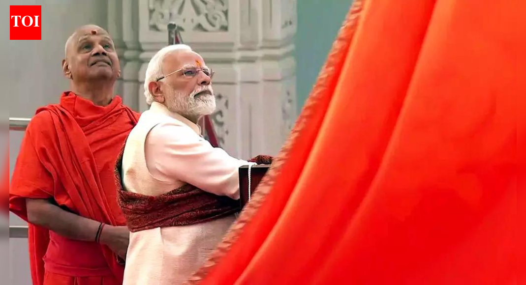 PM Modi at Ram Temple ceremony AYODHYA: Hoisting a ‘dharm dhwaj’ (religious flag) atop the Ram temple to declare the completion of the shrine construction, PM Modi said on Tuesday that “centuries-old wounds are healing, long-standing pain is finding closure, and a centuries-old resolve is finally being fulfilled”. “Today marks the culmination of a 500-year-long yajna, a yajna that remained steadfast in faith and unwavering in belief,” the PM said, recalling the decades-long struggle for the construction of the temple. Modi said if India has to progress, it has to take pride in its heritage and shed its mentality of slavery, setting a target of doing so in the next 10 years. “Today, Ayodhya witnesses a historic turning point in India’s cultural consciousness,” he said.About the AuthorArvind ChauhanWhen he’s not chasing stories, you’ll likely find him exploring food lanes, indulging in mutton delicacies and sundaes. He is a journalist with a can-do spirit and a flair for compelling storytelling.  From railways and aviation to defence, infrastructure, social development and various other diverse beats, his reportage reflects depth.  His work has earned him the Times Scribe Award four times.Read MoreEnd of ArticleFollow Us On Social MediaVideosKejriwal, Mann Pay Homage to Ninth Sikh Guru on 350th Martyrdom DayYogi Adityanath Uncovers The Dark Truth Of Mughal’S Tyranny On Shaheedi DiwasIndia Entering ‘Golden Era’ Of Defence Innovation And Self-Reliance: Rajnath Singh‘Until Brahmin Donates His Daughter’: IAS Officer’S Remark Sparks Row, Issues Clarification’A Nation That Never Bows to Terror, Operation Sindoor Shows New India’s Resolve, Says PM ModiChina Rejects Charge of Harassing Indian Woman in Shanghai, But Insists Claim Over Arunachal PradeshMamata Banerjee Warns BJP With Nation-Shaking Threat As SIR Battle Erupts In Bengal Ahead Of PollsAssam CM Calls Zubeen Garg’S Death ‘Plain Murder’, Drops Explosive RevelationDrone Show Pays Homage To Guru Tegh Bahadur In 350th Martyrdom Anniversary Event At Anandpur SahibRed Fort Attack May Derail Benjamin Netanyahu’s India Visit As Israeli Media Flags Safety Concerns123Photostories5 electric blue animals that seem to be painted with ocean water6 factors that are essential to balance blood sugar naturallyThe most viral MET Gala moments you almost forgot10 phrases your child should avoid saying and what to teach them insteadExclusive – Bigg Boss 19: From opening up about her relationship with Kumar Sanu to calling Malti Chahar a ‘lesbian’; Kunickaa Sadanand breaks silence on her journey5 celebrity looks of the day that are setting major fashion goalsMrs. Gump’s most inspiring life lessons from Forrest Gump that still inspire generations8 modern-sounding baby boy names in Sanskrit and their meaningWinter-Friendly Fruits: 8 plants that thrives in cold-weather gardensFrom ‘Dhurandhar’ to ‘Kill Dil’: Moments when Ranveer Singh ruled action on screen123Hot PicksDelhi AQI TodayNew Labour CodeCyclone SenyarGold rate todaySilver rate todayPublic Holidays NovemberBank Holidays NovemberTop TrendingJoel EmbiidAyesha CurryKevin DurantTrey BensonStefon DiggsMLB Trade RumorsKayla NicoleJaxson DartPatricia SouthallLos Angeles Chargers vs. Las Vegas Raiders