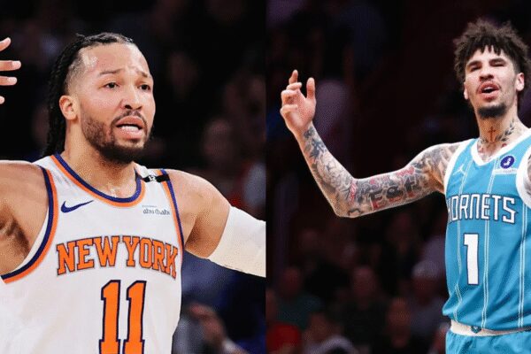 “Nice headshot” – Fans react hilariously as LaMelo accidentally hits Jalen Brunson’s face with ball