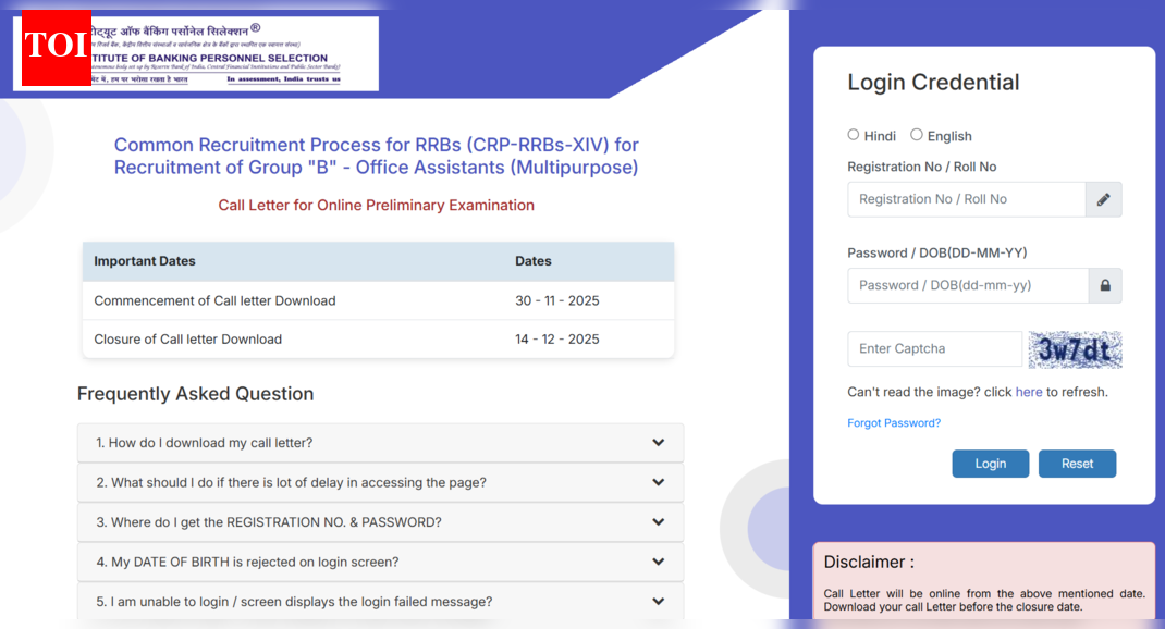 IBPS RRB Clerk prelims 2025 admit card released at ibps.in: Direct link to download hall tickets here