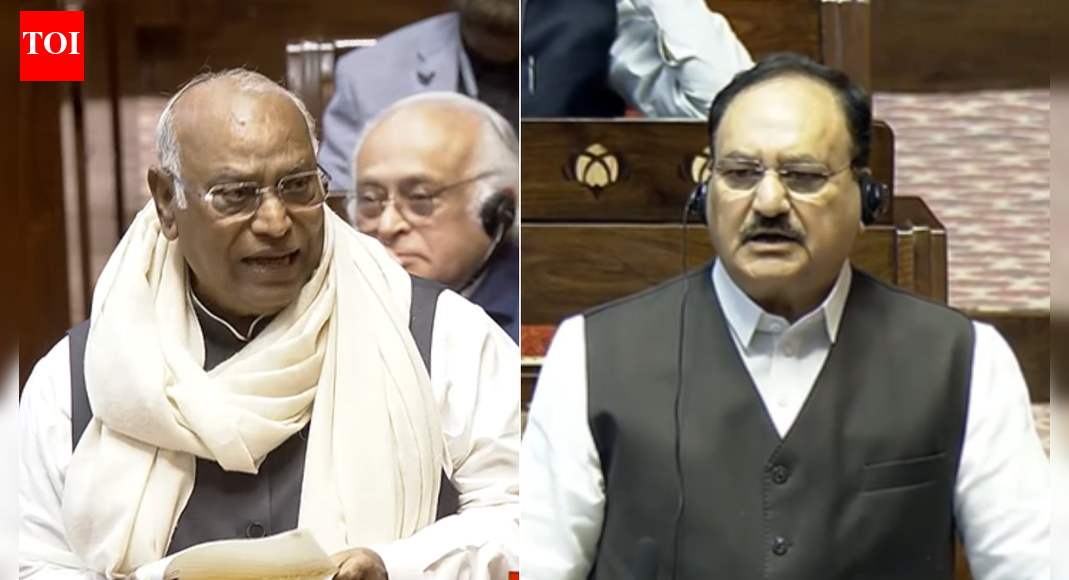Rajya Sabha witnessed a heated exchange between Mallikarjun Kharge and JP Nadda on the first day of the Winter Session. Kharge’s reference to the “sudden exit” of former Vice President Jagdeep Dhankhar drew sharp criticism from Nadda, who advised him to seek medical help for political frustrations.  NEW DELHI: The first day of Parliament Winter Session 2025 witnessed a Mallikarjun Kharge vs JP Nadda showdown in the Rajya Sabha over the leader of opposition’s reference to “sudden exit” of former Vice President Jagdeep Dhankhar.The sharpest moment came when leader of the House JP Nadda advised Kharge to “visit a doctor” to deal with their political frustrations, insisting the House stay focused on the agenda at hand.Ex-VP Jagdeep Dhankhar Breaks Silence, Calls Out Narrative Traps With Cryptic Reference To His PastThe leader of opposition in the Upper House, during his welcome address to the Rajya Sabha chairman CP Radhakrishnan, brought up his predecessor’s “completely unexpected and sudden exit from the office of the Chairman, Rajya Sabha.””I hope you will not mind that I am constrained to refer to your predecessor’s completely unexpected and sudden exit from the office of the Chairman, Rajya Sabha,” he said amid opposition from the BJP members.”The chairman, being custodian of the entire house, belongs as much to the opposition as to the government. I was disheartened that the house did not get an opportunity to bid him a farewell. Regardless, wish him, on behalf of the entire opposition, a very healthy life,” Kharge said.The statement did not go down well with the leader of house JP Nadda who called the remarks “irrelevant”.”We must maintain the dignity of the felicitation program, and it would be good if we discuss it accordingly. If we start discussing the issue that our Leader of the Opposition brought up today, the farewell, and all the other topics, I think it’s irrelevant,” he said.”There will also be discussions from here that you moved a no-confidence motion against him, not once but twice…I think our Leader of the Opposition is very respectable. The defeat in Bihar, Haryana, and Maharashtra has caused you considerable pain. But you should express your pain and suffering to a doctor. You should speak to a doctor when the time comes,” he added.Earlier this year, Dhankhar’s abrupt resignation as Vice President, officially citing health reasons with two years still left in his term, had triggered a flurry of speculation and conspiracy theories across political circles. His decision, announced on the very first day of Parliament’s Monsoon Session, was highly unusual—making him only the third Vice President after VV Giri and R Venkataraman to step down before completing a full tenure.About the AuthorTOI News DeskThe TOI News Desk comprises a dedicated and tireless team of journalists who operate around the clock to deliver the most current and comprehensive news and updates to the readers of The Times of India worldwide. With an unwavering commitment to excellence in journalism, our team is at the forefront of gathering, verifying, and presenting breaking news, in-depth analysis, and insightful reports on a wide range of topics. The TOI News Desk is your trusted source for staying informed and connected to the ever-evolving global landscape, ensuring that our readers are equipped with the latest developments that matter most.”Read MoreEnd of ArticleFollow Us On Social MediaVideosPriyanka Gandhi Counters PM Modi’s ‘Drama’ Jab, Says Raising Key Issues Is Essential For DemocracyJaishankar Sounds Alarm on Fast-Moving Bio Threats, Urges Global South Leadership in BWC ReformsWinter Session Of Parliament: Bills On Atomic Energy, Excise On Agenda; Oppn Gears Up For SIRPM Modi’s ‘Drama Nahi, Delivery’ Message Sets Fiery Tone As Winter Session Begins Amid Tensions’US Benefited Immensely From Indians’, Says Tesla CEO Elon Musk, Warns US Against Scrapping H-1BAjeya Warrior-25 Wraps Up As India-UK Forces Boost Counter-Terror SynergyAt Least 11 Dead, 20 Injured in Head-On Collision Between Two Govt Buses in Tamil Nadu’s SivagangaUncertainty Over Pakistan’s Top Military Post Could Trigger Conflict: AnalystPak Handler Shahzad Bhatti Directed Gurdaspur Grenade Attack: Special Cell‘Stay Mentally Prepared’: Rajnath Singh’s Remark Fuels Talk Of Another Operation Sindoor123Photostories6 types of chocolate varieties to know about‘My Brother… Nikhil’ to ‘Phir Milenge’: Bollywood films that raised awareness about HIV/AIDS5 quotes by Shah Rukh Khan to deal with Monday bluesKangana Ranaut, Vivek Oberoi to Abhijeet Bhattacharya: Celebrities who faced instant backlash after controversial tweets7 proven study methods that help you remember everything for exams5 driest places in the world you can actually visit6 small habits of people who naturally attract good luckKnow Who is Your Healing God According To Your Birth Date5 destinations around the world with unusual names (and their stories)Films that honour family, love, courage and unforgettable sacrifice123Hot PicksParliament Winter SessionCyclone DitwahWorld NewsGold rate todaySilver rate todayPublic Holidays NovemberBank Holidays NovemberTop TrendingAdin RossSunil GavaskarED SheeranDevajit SaikiaVirat Kohli RecordGisele BndchenKL RahulParliament SessionSmriti MandhanaAnthony Davis