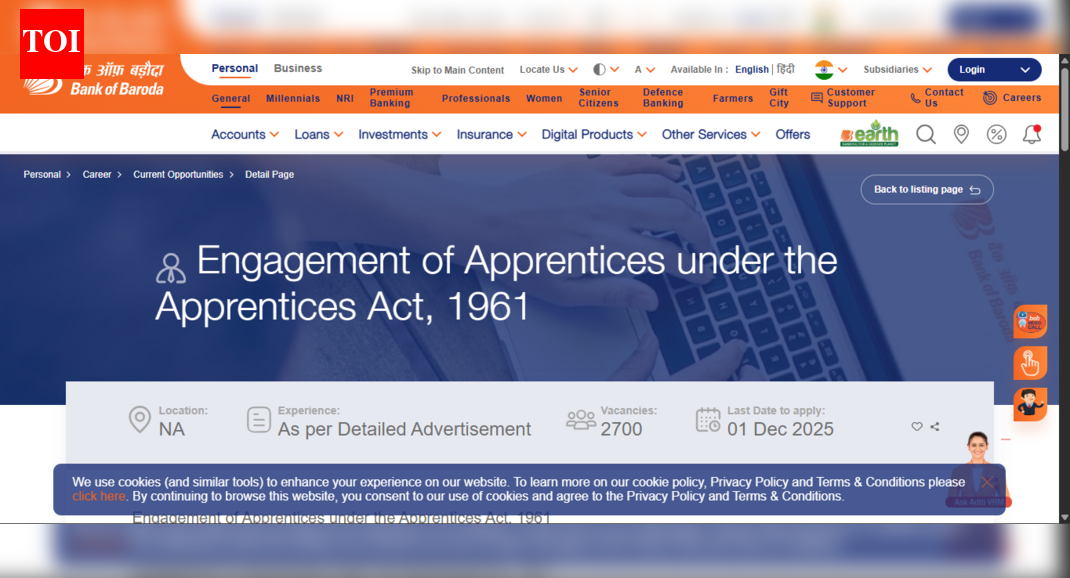 Bank of Baroda Apprentice recruitment 2025: Registration window closes today for 2,700 vacancies; direct link to apply here