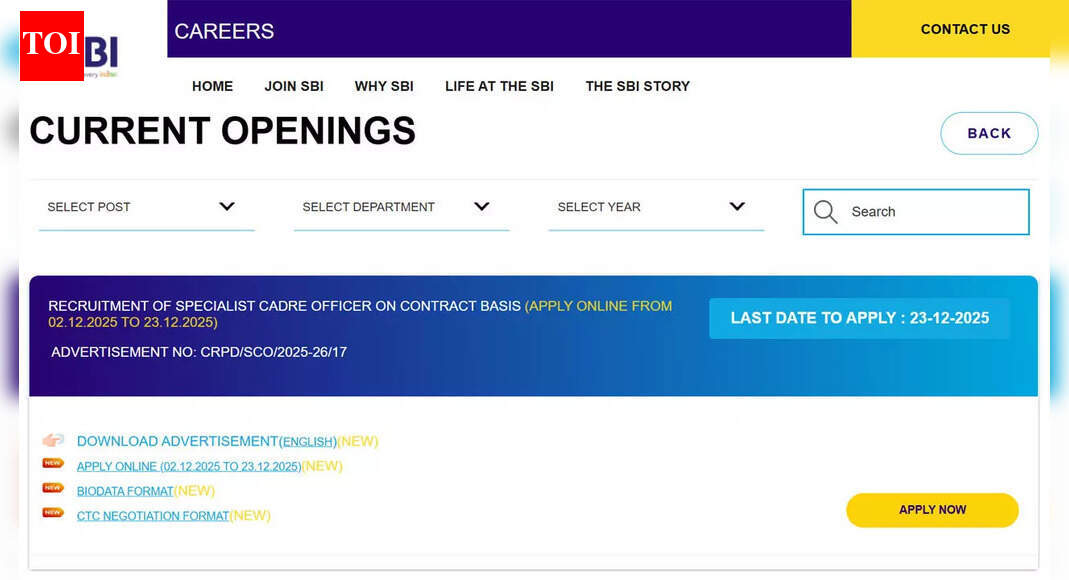 SBI Bank SO Recruitment 2025: Apply online for 996 Specialist Officer posts at sbi.bank.in