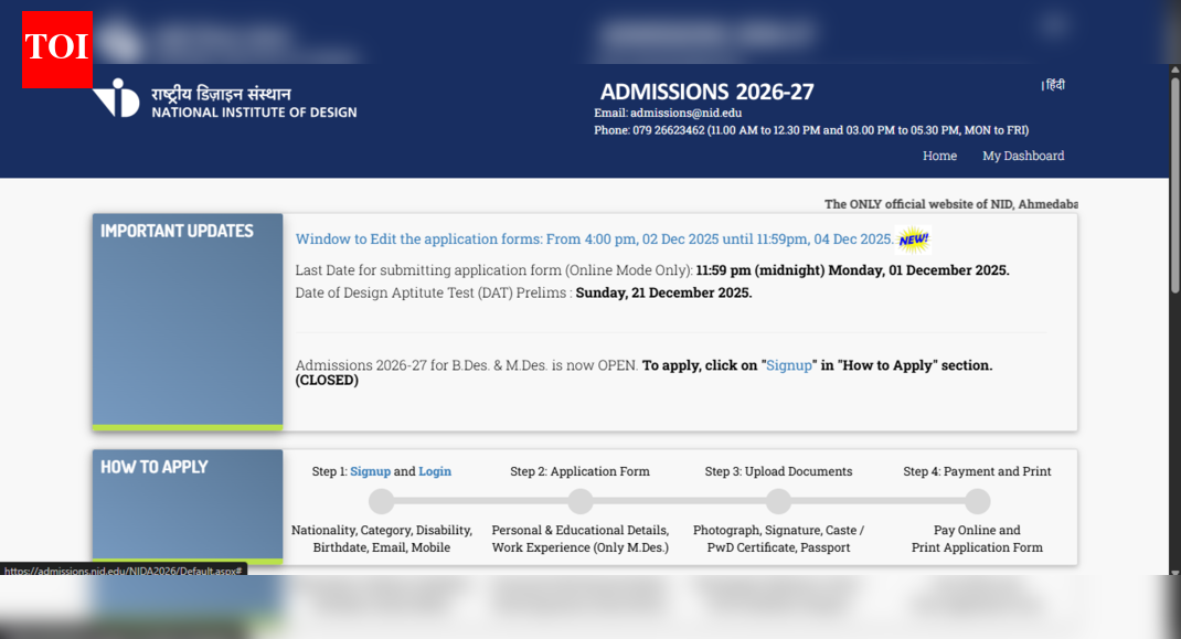 NID DAT 2026 application correction window opens at admissions.nid.edu: Check direct link and how to make changes online