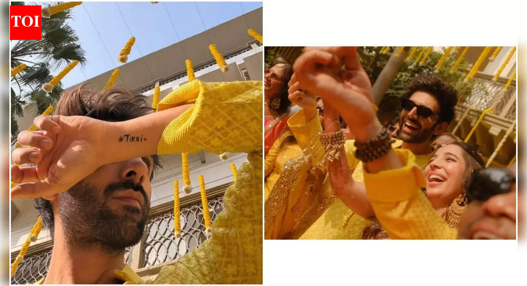 Kartik Aaryan turns doting brother at sister Kritika Tiwari’s haldi, proudly flaunts her wedding hashtag ‘Tikki’ tattoo on his wrist – See PIC