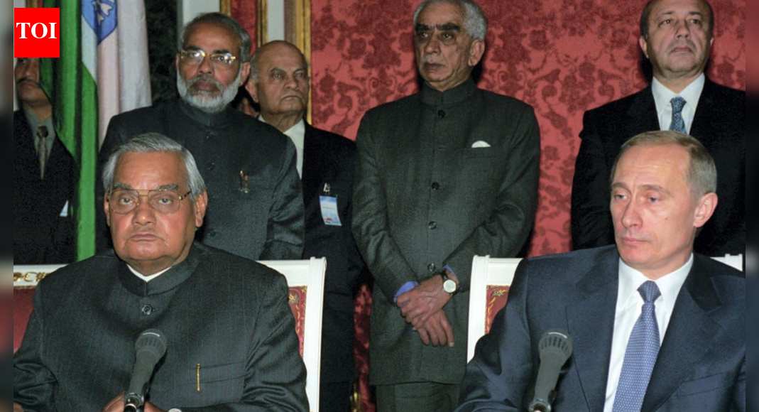 As President Putin prepares for a visit to India, old images of him with Prime Minister Modi from 2001 have resurfaced. Then Gujarat Chief Minister Modi accompanied PM Vajpayee to Moscow, marking his first international engagement and early diplomatic interaction with Putin. The visit fostered cooperation between Gujarat and Russia’s Astrakhan region. Then-Gujarat CM Modi accompanying then-PM Atal Bihari Vajpayee, in a meeting with Putin NEW DELHI: As Russian President Vladimir Putin prepares to visit India for a much-anticipated meeting with Prime Minister Narendra Modi, old images of the two leaders have resurfaced online.The photographs, taken in Moscow in 2001, show Modi — then the Chief Minister of Gujarat — accompanying then Prime Minister Atal Bihari Vajpayee during an official visit. The visuals, captured during a document-signing ceremony, had first gone viral last year when Modi travelled to Russia, and have reappeared on social media ahead of Putin’s India visit. PM Modi, Putin’s Legendary Bond: Hugs, Horses And High Diplomacy Ahead Of The Russian Leader’s VisitModi had later recalled how Putin received him warmly despite his state-level position, engaging in candid discussions on states, hobbies, and global affairs. During the 2001 trip, he signed a protocol agreement between Gujarat and Russia’s Astrakhan region to boost cooperation in petrochemicals, hydrocarbons, trade, science and technology, education, tourism, and culture. He also visited Moscow’s ISKCON temple to offer prayers on Vajpayee’s behalf due to the latter’s health condition, spending considerable time with devotees. The visit marked Modi’s first international engagement as chief minister and his early diplomatic interaction with Putin.Modi returned to Astrakhan in 2006 to extend the pact for another five years with Governor Alexander Zhilkin, strengthening Gujarat–Russia ties in energy and trade. These subnational initiatives later fed into wider bilateral cooperation in defence, energy, and commerce during Modi’s tenure as Prime Minister. Modi has often reminisced about the 2001 meeting, including receiving a framed photograph from the ISKCON visit as a surprise gift during his 2024 interaction in Moscow.About the AuthorTOI News DeskThe TOI News Desk comprises a dedicated and tireless team of journalists who operate around the clock to deliver the most current and comprehensive news and updates to the readers of The Times of India worldwide. With an unwavering commitment to excellence in journalism, our team is at the forefront of gathering, verifying, and presenting breaking news, in-depth analysis, and insightful reports on a wide range of topics. The TOI News Desk is your trusted source for staying informed and connected to the ever-evolving global landscape, ensuring that our readers are equipped with the latest developments that matter most.”Read MoreEnd of ArticleFollow Us On Social MediaVideos‘Not Handcuffed, But Mistreated’: Jaishankar Replies To SP MP On Harjit Kaur’s Deportation From US’Modi Ji Doesn’t…’: Rahul Gandhi Accuses Govt Of Blocking Meet With Putin, Calls It ‘Insecurity’India Can’t Buy S-500 Yet, Deal Unlikely During Modi-Putin Meet: Ex-DRDO Scientist Reveals Roadblock’Very Significant…Whole World Watching’: Russian MLA On Putin’s Delhi Visit, India-Russia TiesIndiGo Crisis: Inside Pilot Shortage, Rule Change and Winter Delays Behind Over 200 CancellationsDonald Trump’s Stricter H-1B Visa Rule Hits Indian Talent, Background Check Screening ExpandedPriyanka Gandhi Slams Modi Govt On Rupee Crash While Piyush Goyal Defends India’s Economic Strength’Munir Is A Mentally Unstable Man’: Ex-Pakistan PM Imran Khan Blames Army Chief of Fueling TerrorismPM Modi, Putin’s Legendary Bond: Hugs, Horses And High Diplomacy Ahead Of The Russian Leader’s VisitExclusive! Akshata Murty explains why young India needs to fall in love with history again123PhotostoriesFrom stronger lungs to better immunity: What happens to the body when a person quits smokingSamantha Ruth Prabhu to Nayanthara: 5 celebrity brides who embraced traditional red sarees over grand lehengas for their big day6 daily choices that turn ordinary days into lucky onesRekha, romance dramas and period pieces; Roles that sealed her legacy as an evergreen leading lady5 powerful and influential dynasties in historyIndiGo Flight Chaos Across India: Delhi, Mumbai and Bengaluru Worst Hit; 180+ Services CancelledFull Moon Love Affirmations For Each Zodiac SignBeware: Eating these ‘healthy’ fruits could spike pesticide levels in your bodyHow many eggs should one safely eat in a day to get maximum proteinVirat Kohli’s inspirational quotes for every child who dreams of becoming an athlete123Hot PicksIndigo Flight DelayPutin India VisitWorld NewsGold rate todaySilver rate todayPublic Holidays NovemberBank Holidays NovemberTop TrendingStephen Curry WifeMike TysonLuka DoncicCardi BTravis KelceStephen CurryKyle TuckerJayden DanielsSuper Bowl LX Halftime ShowMolly Qerim