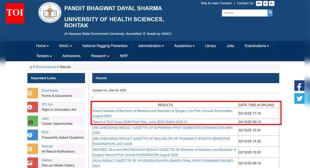 UHSR result 2025: University issues MBBS 1st Prof gazette and revised GNM RLA result at uhsr.ac.in; download here