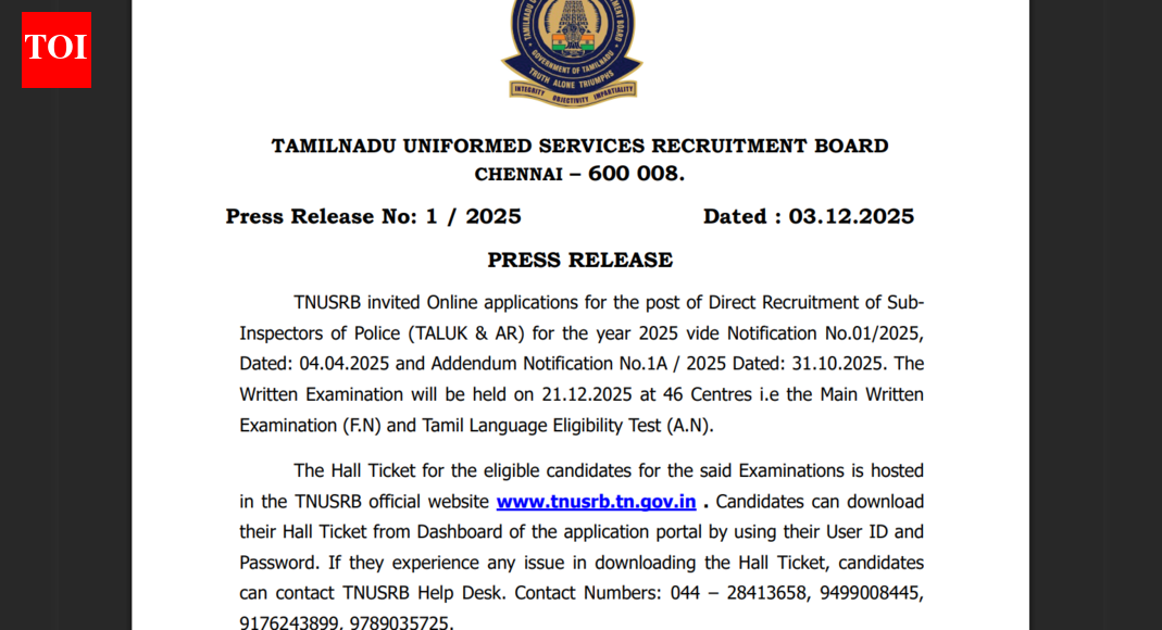 TNUSRB SI admit card 2025 released at tnusrb.tn.gov.in: Direct link to download hall tickets