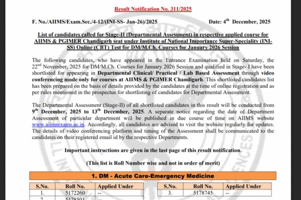 AIIMS INI SS 2025 list of shortlisted candiates for Stage 2 released: Check details here