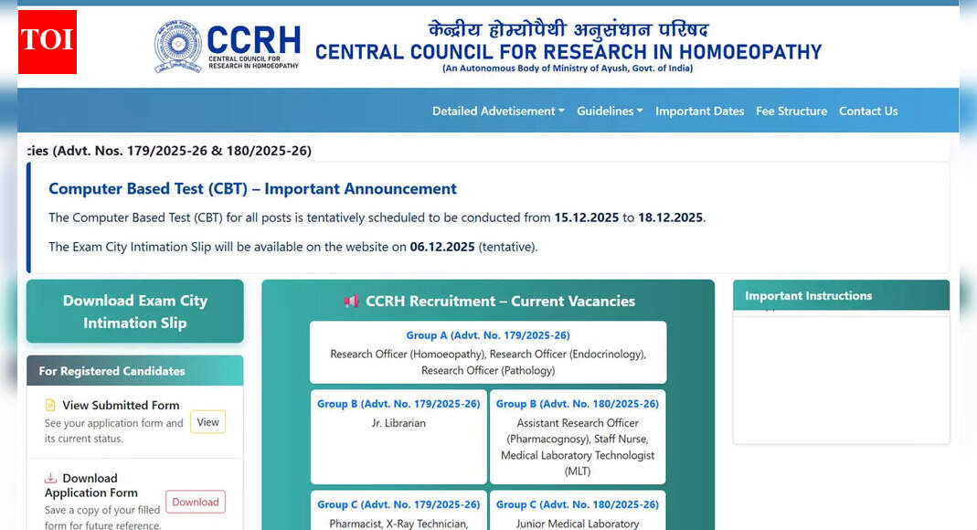 CCRH releases exam city intimation slip for Group A, B, C recruitment 2025; download here