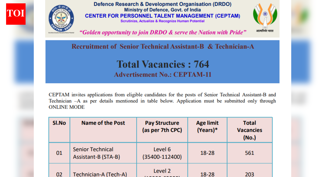 DRDO CEPTAM 11 recruitment 2025: Registration window opens tomorrow for 764 posts; check eligibility and steps to apply