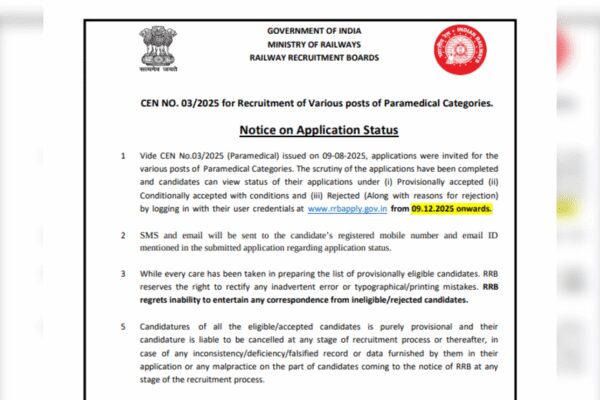 RRB Paramedical recruitment 2025: Application status for 435 posts releases tomorrow; check steps to download here