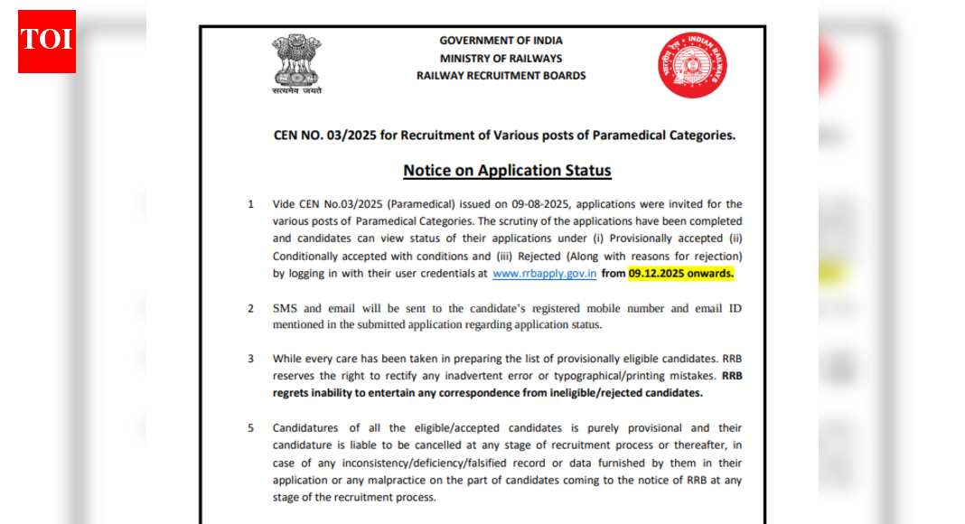 RRB Paramedical recruitment 2025: Application status for 435 posts releases tomorrow; check steps to download here