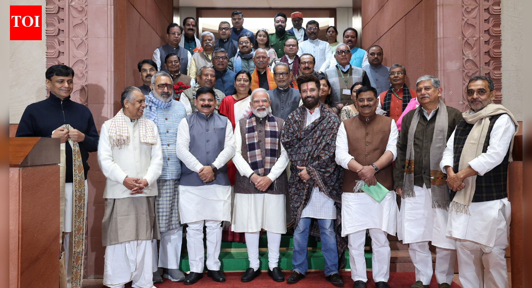 Prime Minister Narendra Modi expressed renewed vigor after meeting Bihar’s NDA MPs, celebrating their “historic victory” in the recent assembly elections. He emphasized the “double-engine government’s” commitment to improving the lives of Bihar’s citizens. The NDA’s decisive win, securing 202 out of 243 seats, underscores their mandate to fulfill public expectations.  NEW DELHI: Prime Minister Narendra Modi on Monday said his meeting with Bihar’s NDA MPs in Parliament has filled him with “new energy” following the alliance’s “historic victory” in the recent assembly elections.In a post shared on X, the Prime Minister wrote: “After the historic victory in the Bihar assembly elections, the meeting today with the state’s NDA MPs in the Parliament building has filled me with new energy. During this time, I felt immense joy seeing their resolve to make the lives of my fellow people in the state even easier.”Reiterating his pitch for the coalition model, PM Modi said the “double-engine government”, with the NDA in power at both the Centre and state, would “leave no stone unturned to live up to the expectations” of the people of Bihar.The NDA, comprising the BJP, JD(U), HAM and other allies, secured a decisive mandate in Bihar winning 202 of the 243 seats in the state. About the AuthorTOI News DeskThe TOI News Desk comprises a dedicated and tireless team of journalists who operate around the clock to deliver the most current and comprehensive news and updates to the readers of The Times of India worldwide. With an unwavering commitment to excellence in journalism, our team is at the forefront of gathering, verifying, and presenting breaking news, in-depth analysis, and insightful reports on a wide range of topics. The TOI News Desk is your trusted source for staying informed and connected to the ever-evolving global landscape, ensuring that our readers are equipped with the latest developments that matter most.”Read MoreEnd of ArticleFollow Us On Social MediaVideos’Biggest Mistake’: TMC’s Mahua Moitra Blasts PM Modi, Dares BJP To Win Bengal With Divisive PoliticsIndia Issues Warning To China Over Targeting Indians, Blasts Pakistan’s Remarks On Arunachal PradeshThe Truth Behind Curtailed Vande Mataram : Politics, Unity And A Century Of Cultural TensionAAP MP Raghav Chadha Calls Out ‘Legalised Loot’ Of Toll Plazas In Rajya Sabha’Only 2 Reasons’: Priyanka Gandhi Slams PM Modi, Links Vande Mataram Debate To Bengal Polls’Jinnah Ka Munna…’: Anurag Thakur’s Brutal Attack on Congress, Rips Apart Rahul, Priyanka Gandhi’Will Set An Example’: IndiGo Faces Heat As Aviation Minister Promises Tough Action In Rajya SabhaGoa Club Fire Exposed Deadly Design Errors, Trapping Dozens As Only One Exit Functioned’Where Were Your Ancestors?’ Gogoi Mocks BJP, Blasts Modi’s Nehru Remark During Vande Mataram DebateUS To Block Moderators And Fact-Checkers As ‘Censors’, Massive Uncertainty For Indian Applicants123PhotostoriesHeartbreak and closure: After Dileep’s acquittal, all eyes turn to Manju Warrier’s next moveSHE travels: 10 reasons why women should travel more often, guilt-free12 years later, Kareena Kapoor Khan’s wedding looks are still the ultimate bridal inspirationDeepika Padukone radiates effortless power with her sculptural, desert-luxe look- See pics8 teachings of Buddha that can make your life simpler instantly8 traditional Indian drinks considered best for liver health and how to make themNutrition fact of the day: Iron is absorbed better when paired with vitamin CInspiring Forrest Gump quotes kids should hear growing upInteresting winter desserts made with gur and coconutWake up bloated? 5 Easy ways to beat gas every morning123Hot PicksIndigo Flight DelayPutin India VisitWorld NewsGold rate todaySilver rate todayPublic Holidays NovemberBank Holidays NovemberTop TrendingAaron RodgersSilent Hill 1 Remake Release DateJayson Tatum InjuryMariasharapova and Alexander Net worthAryna Sabalenka Net WorthTim PoolRafael Nadal and Mery Net WorthCeeDee Lamb InjuryMLB Trade RumorsCardi B