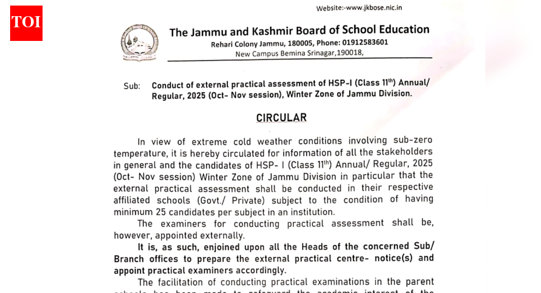 JKBOSE Class 11 practical exams 2025 to be held in respective schools for Oct-Nov session: Check official notice here